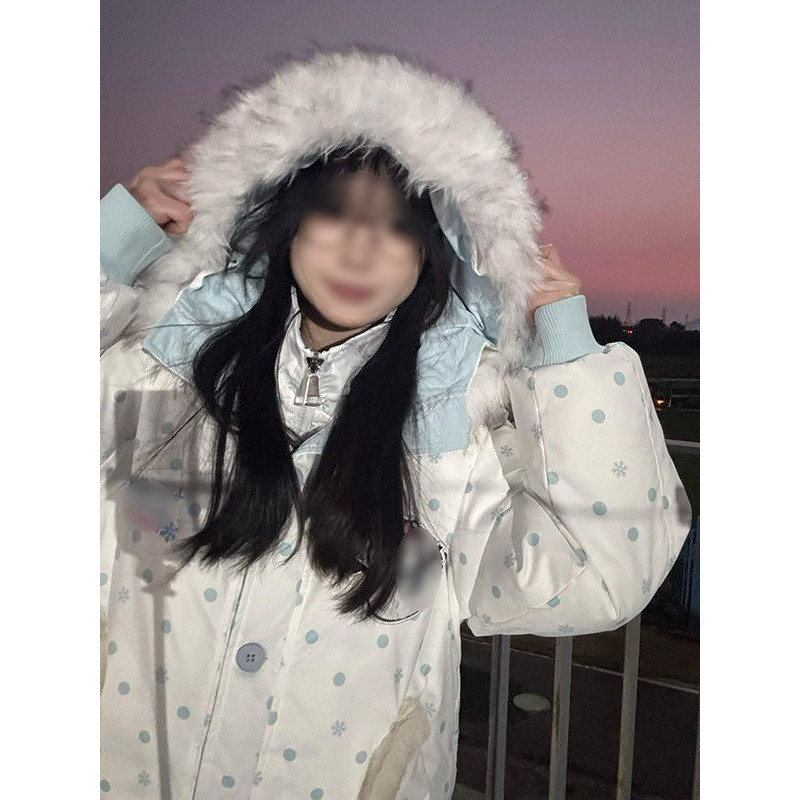 日系宅萌可爱雪人魔术贴蓝色波点毛毛连帽棉服女学生宽松百搭棉衣