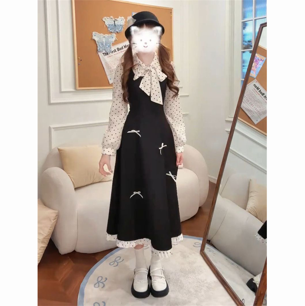 蝴蝶结波点拼接连衣裙