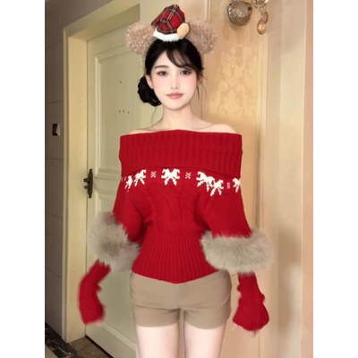 红色一字肩针织费尔岛毛衣