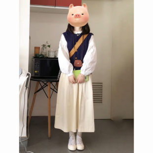 高腰半身裙三件套装 衬衫 白色长袖 早秋慵懒风藏青色马甲毛衣开衫