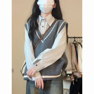 女学生两件套装 早秋复古学院风撞色v领针织背心马甲毛衣 条纹衬衫