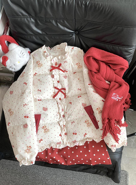 法式温柔学院风满印波点按扣花边棉服新款甜美百搭保暖棉衣面包服