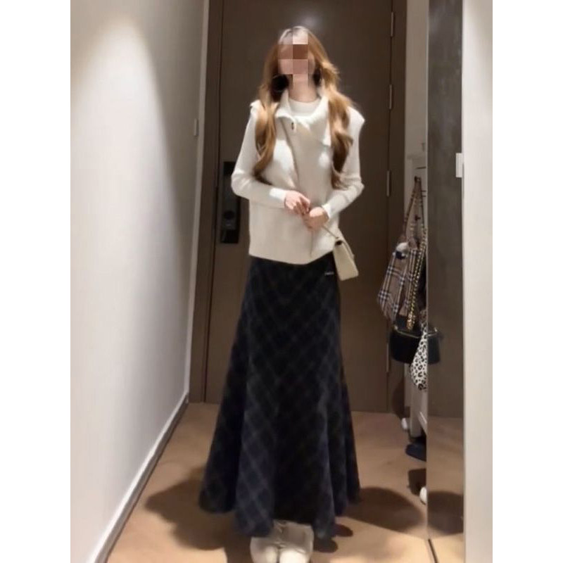 法式静奢气质高级翻领针织马甲毛衣+格纹半身裙+打底上衣三件套装,女装/女士精品,时尚套装,淘宝优惠券,粉丝福利购,淘宝优惠卷