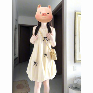宽松背心蓬蓬短裙 日系小个子甜美温柔风蝴蝶结系带花苞连衣裙夏季