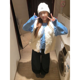 冬季温柔气质感羊羔毛格纹马甲外套搭配麻花针织毛衣开衫两件套装