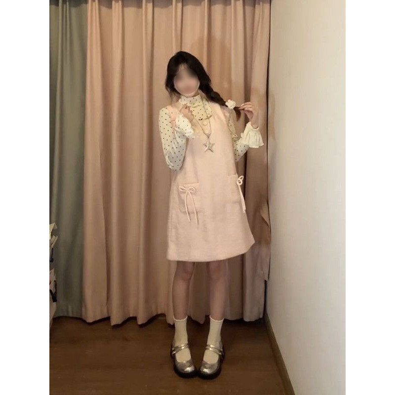 法式温柔甜妹感粉色背心口袋连衣裙搭配波点长袖打底上衣两件套装,女装/女士精品,时尚套装,淘宝优惠券,粉丝福利购,淘宝优惠卷