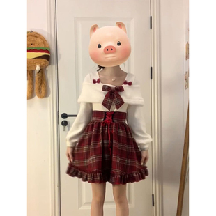 法式 a字裙 甜妹少女学院风圣诞蝴蝶结红色格纹连衣裙收腰显瘦修身