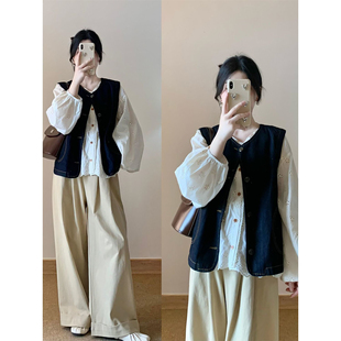 时尚 三件套装 温柔气质休闲牛仔背心马甲开衫 阔腿裤 白色衬衫 法式