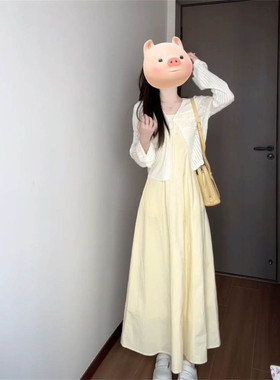 一整套穿搭法式温柔风奶黄色收腰背带连衣裙女学生+薄款防晒罩衫