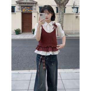 两件套装 法式 温柔气质学院风假两件拼接设计衬衣搭配蓝色阔腿长裤