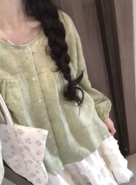 法式甜美风复古绿色宽松薄款衬衫上衣搭配白色半身裙女学生两件套