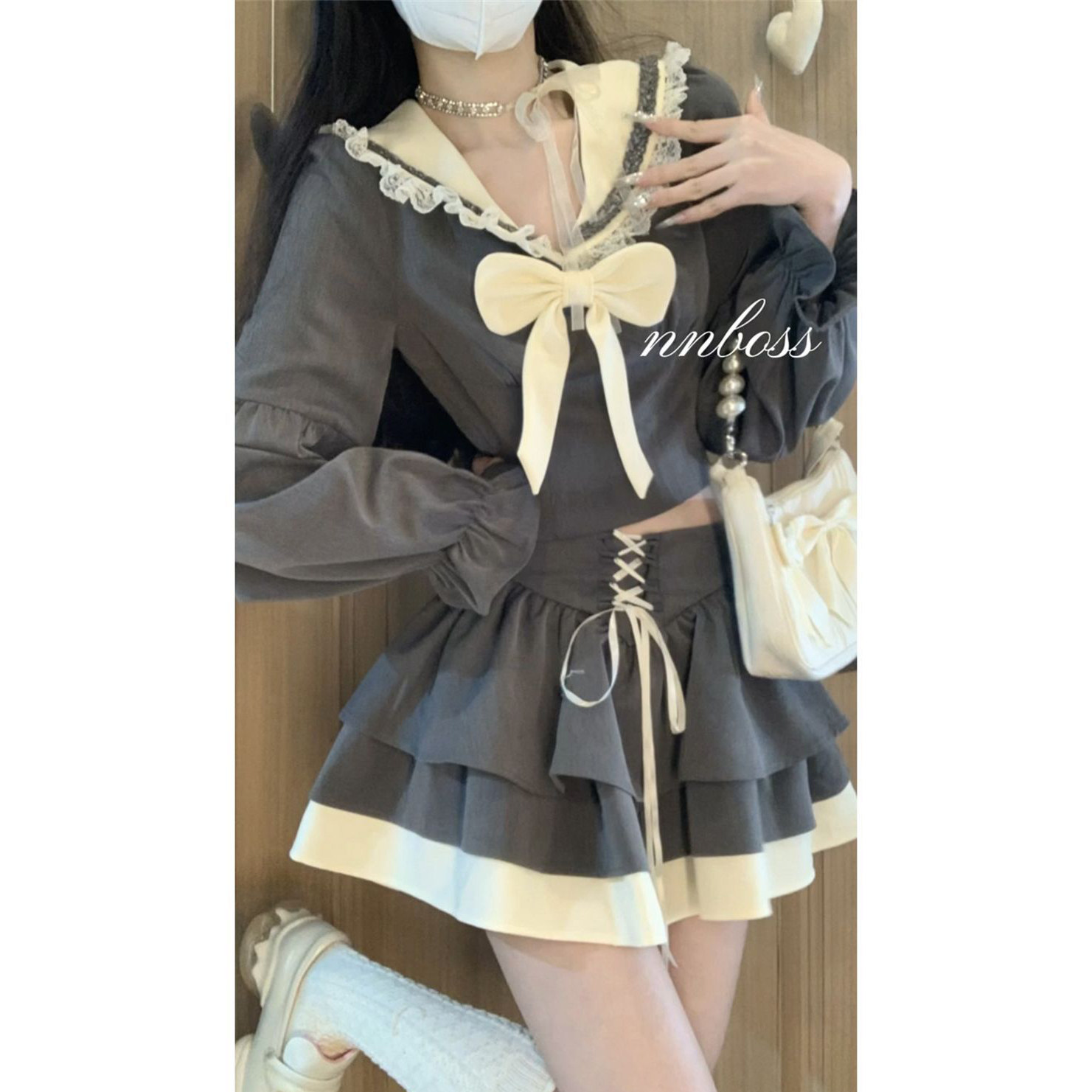 韩版甜美学院风海军领蝴蝶结上衣搭配绑带拼接半身短裙女两件套装