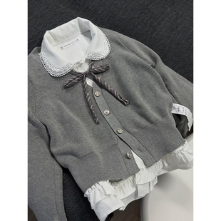 条纹领带两件套装 秋冬温柔甜妹感灰色收腰针织毛衣 花边拼接衬衫