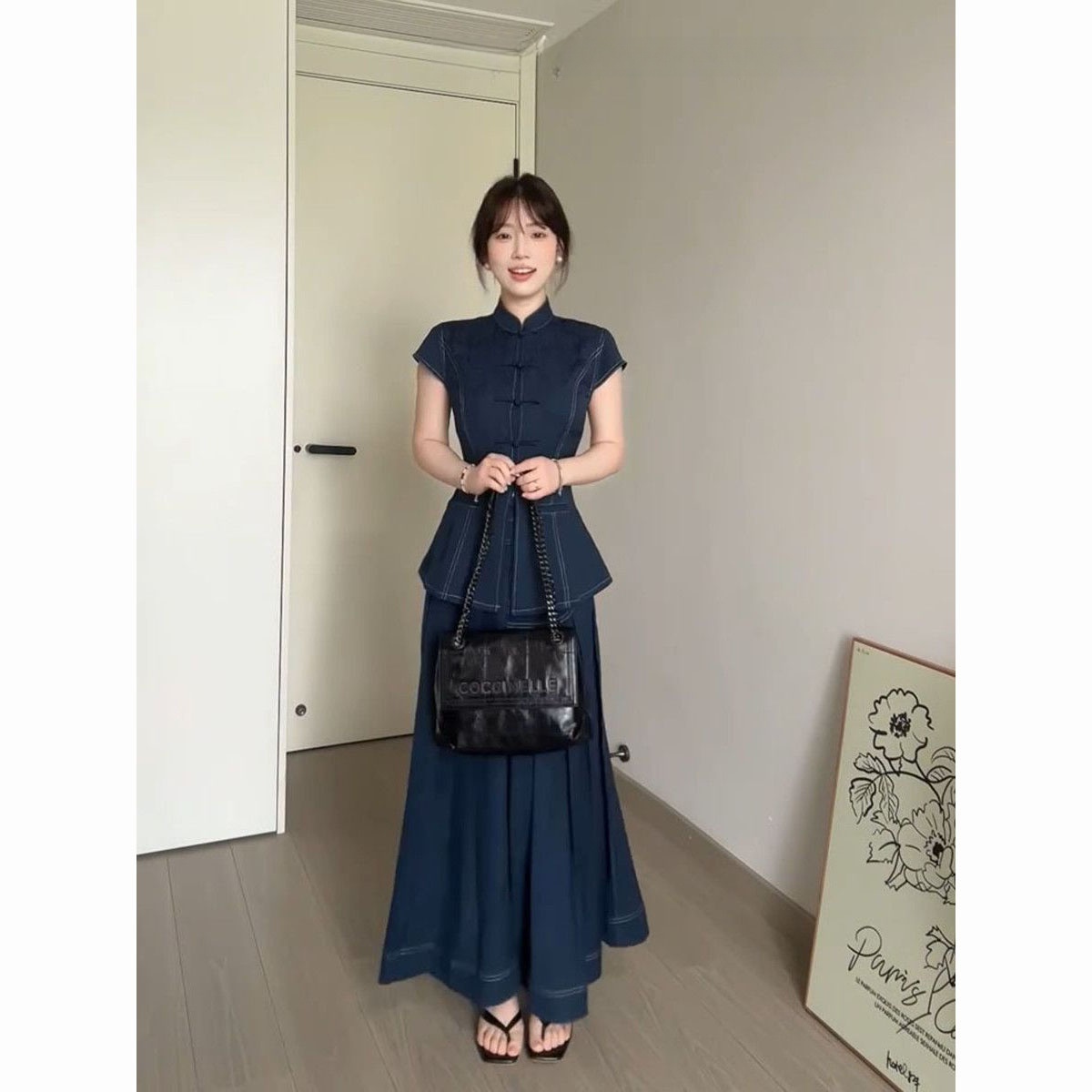 牛仔立领衬衫+高腰半身裙
