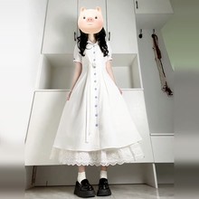 夏季甜美学院风小个子白色刺绣连衣裙女新款排扣温柔收腰显瘦长裙