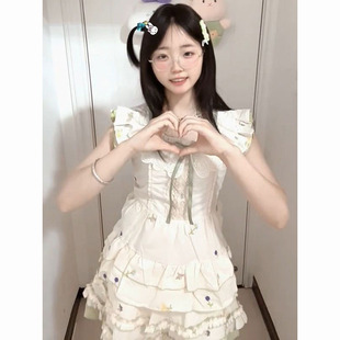 小清新少女印花系带飞飞袖 时尚 上衣搭配高腰蛋糕半身裙两件套穿搭