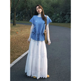 休闲设计感半身长裙三件套装 蓝色毛衣 气质御姐风碎花打底衫 法式