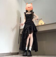 法式小飞袖蝴蝶结吊带连衣裙夏季前短后长不规则设计感赫本小黑裙