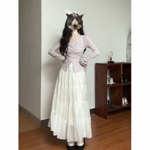 秋季温柔风不规则设计紫色修身长袖上衣搭配蛋糕半身长裙两件套装