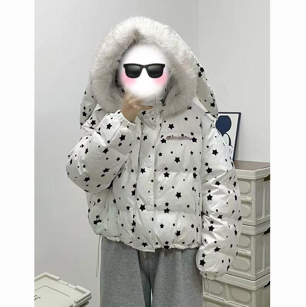 星星毛领连帽棉服外套