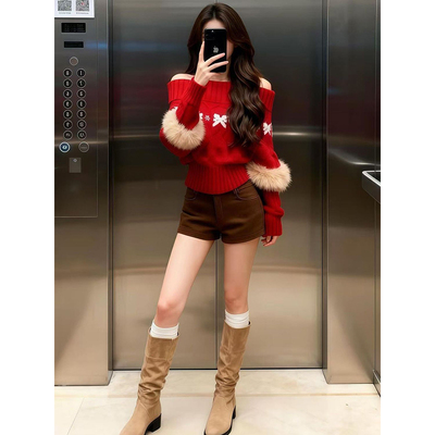 红色一字肩套头露肩显白毛衣