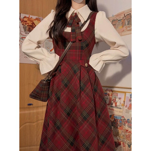 杏色领结衬衫 气质毛呢格纹背带连衣裙 女学生 穿搭一整套法式 春季