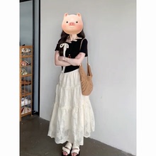 夏季绝美法式高级感黑色蝴蝶结上衣搭配杏色高腰半身裙两件套穿搭