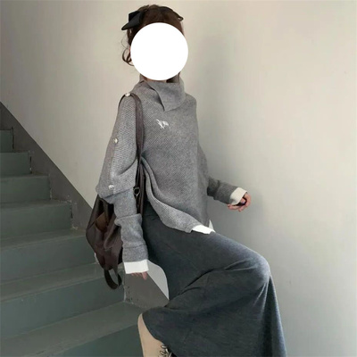 不规则假两件斗篷高领毛衣外套