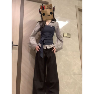 两件套装 搭配黑色阔腿长裤 温柔文艺气质风假两件绑带格纹衬衫 新款