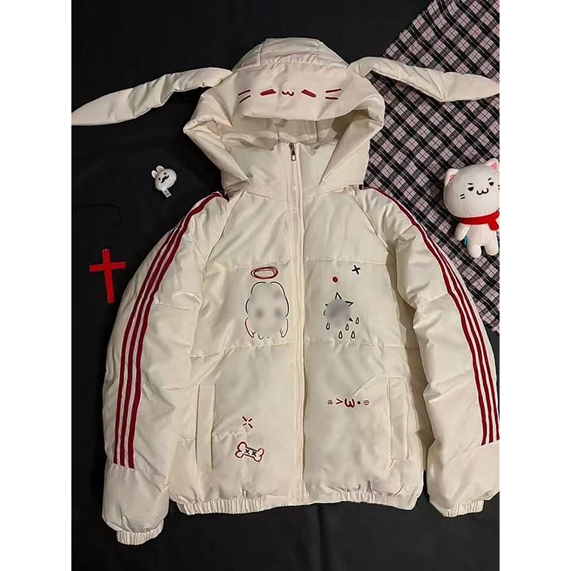 兔耳朵三杠条纹连帽棉服