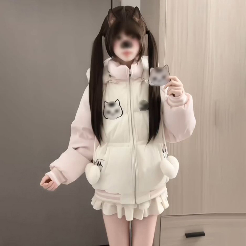 日系可爱少女小猫魔术贴撞色拼接毛领连帽学生宽松加厚保暖面包服