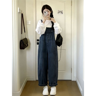 两件套装 衬衫 搭配白色简约长袖 日系通勤休闲慵懒风牛仔宽松背带裤