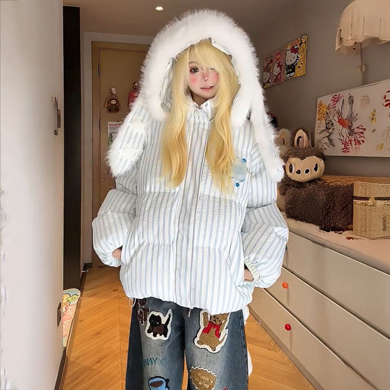 条纹撞色大毛领棉服外套