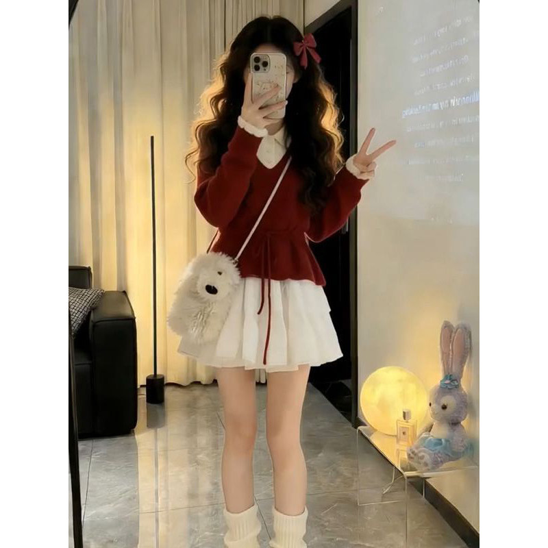 新款高贵女神范新年红色系带假两件针织毛衣+蛋糕半身裙两件套装,女装/女士精品,时尚套装,淘宝优惠券,粉丝福利购,淘宝优惠卷