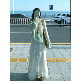 浅春系高腰蕾丝半身裙两件套装 针织罩衫 温柔淑女风绿色长袖 新款