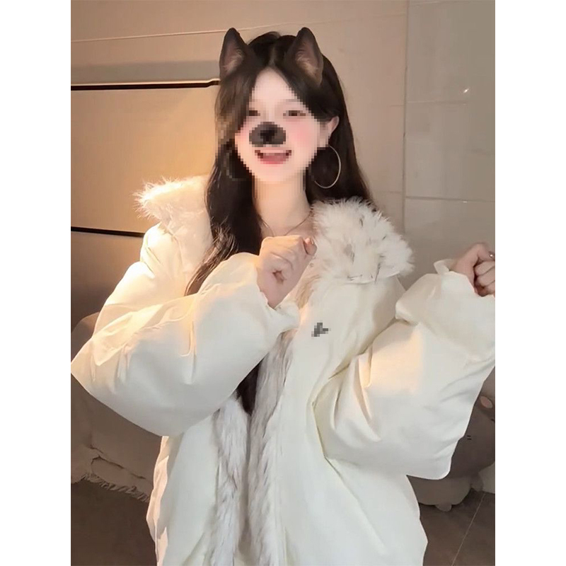 米白色毛毛高领棉服外套