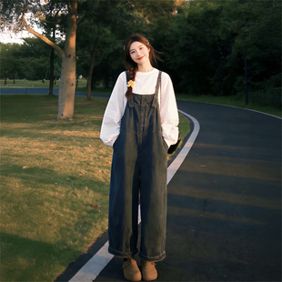 两件套装 衬衫 叠穿白色圆领灯笼袖 日系温柔甜妹少女风牛仔背带长裤