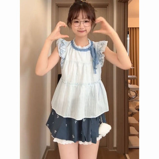 2025夏日温柔甜美小飞袖 系带上衣搭配蝴蝶结刺绣花苞裙裤 两件套装