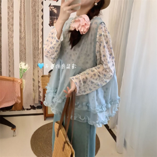 两件套装 2026早春温柔气质度假风蓝色花边背心搭配碎花长袖 打底衫