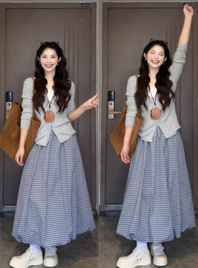 新款日常通勤休闲风灰色系带针织开衫搭配格子花苞半身裙两件套装