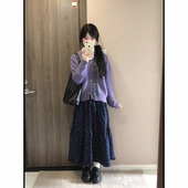 搭配高腰碎花半身长裙女学生两件套装 法式 赫本风紫色针织毛衣开衫