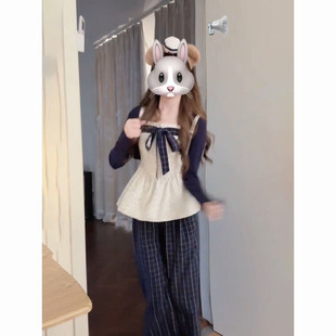 蝴蝶吊帶結(jié)上衣 秋季 溫柔少女感長袖 開衫 三件套穿搭 格紋闊腿長褲