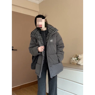 法式温柔氛围感灰色立领连帽棉服冬日格纹拼接百搭保暖面包服外套