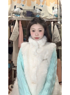 冬日气质温柔风白色毛茸马甲背心叠穿薄荷绿针织毛衣开衫两件套装