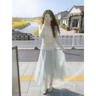 新款 温柔少女风穿搭假两件蕾丝拼接上衣搭配浅绿网纱长裙两件套装