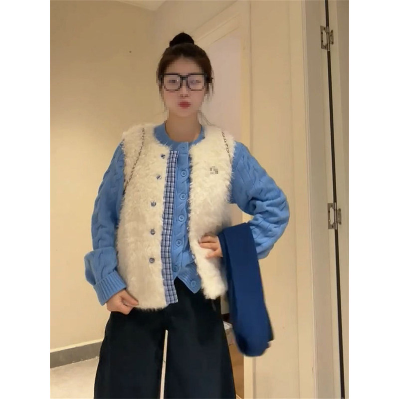 秋冬季甜美少女风毛茸茸马甲开衫叠穿蓝色圆领麻花毛衣衫两件套装