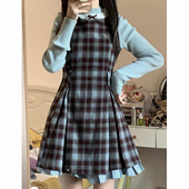 两件套装 秋冬季 温柔甜美感格纹背带连衣裙搭配蕾丝蓝色针织毛衣衫