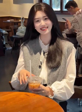 韩版慵懒风穿搭一整套无袖针织开衫毛衣马甲背心+木耳边长袖衬衫