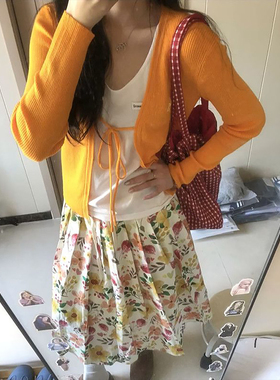 春日温柔巨好看橘色系带针织开衫+橙色花朵显瘦高腰长裙两件套装