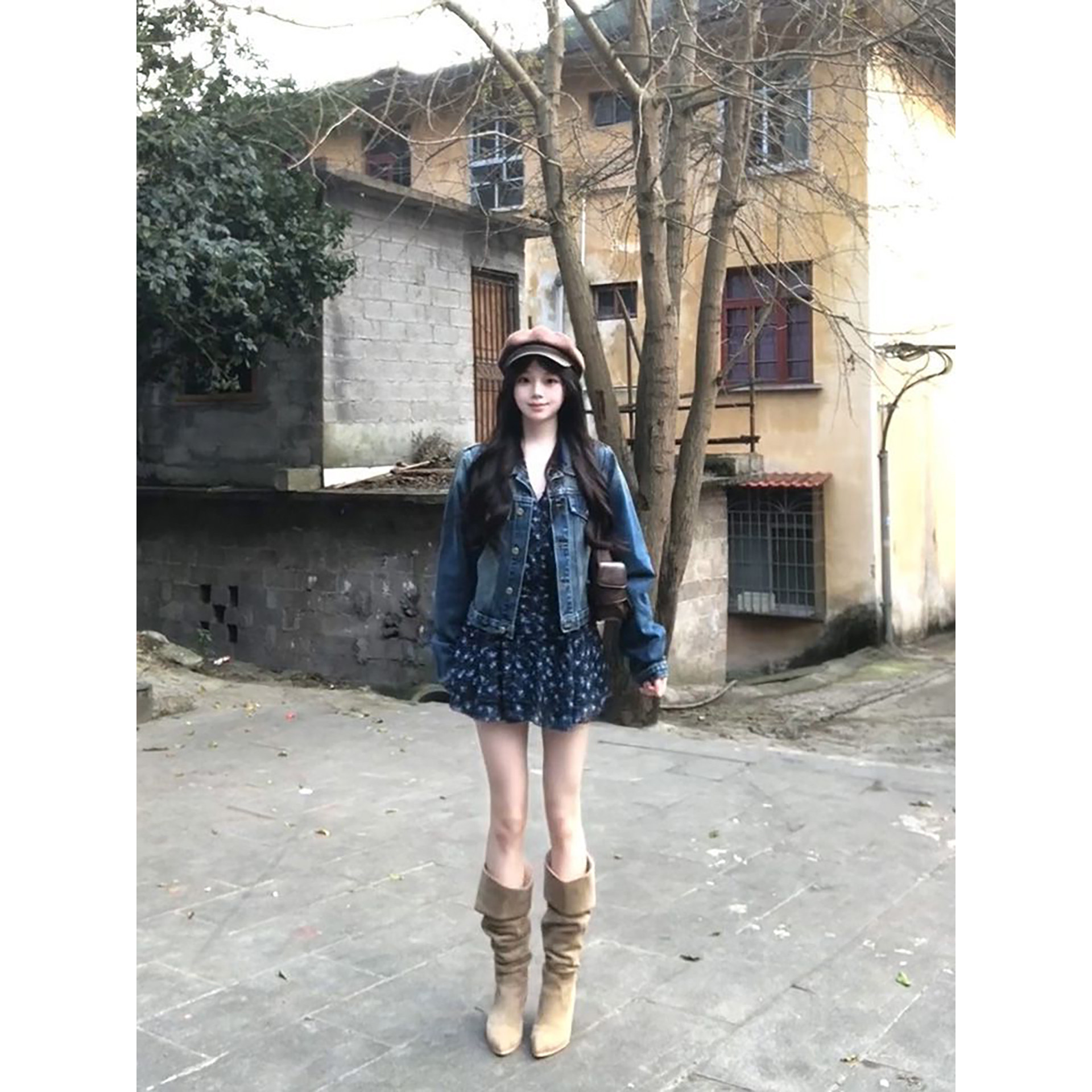 早春季小个子气质温柔风牛仔水洗短外套+碎花v领连衣裙两件套穿搭